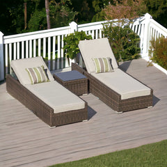 78" Set of Two Brown Indoor Outdoor Chaise Lounge with Beige Cushion