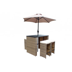 Six Piece Brown and Tan Faux Wicker Outdoor Bar Height Table Set with Umbrella and Stools