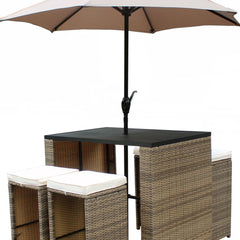 Six Piece Brown and Tan Faux Wicker Outdoor Bar Height Table Set with Umbrella and Stools