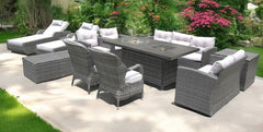 Twelve Piece Outdoor Gray Wicker Multiple Chairs Seating Group Fire Pit Included with White Cushions