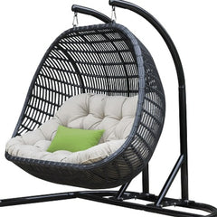 69" Beige and Black Aluminum Indoor Outdoor Swing Chair with Beige Cushion