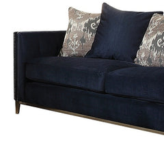 95" Blue Velvet Sofa And Toss Pillows With Silver Legs