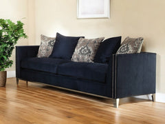 95" Blue Velvet Sofa And Toss Pillows With Silver Legs