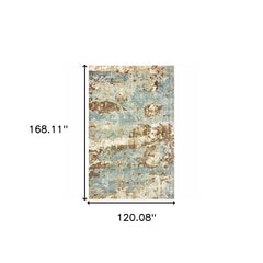 10' X 14' Blue And Brown Abstract Hand Loomed Stain Resistant Area Rug