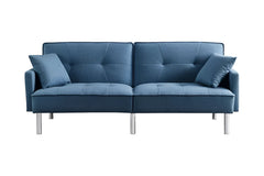 85" Blue Polyester Blend Convertible Futon Sleeper Sofa And Toss Pillows With Silver Legs