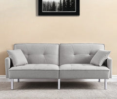 85" Light Gray Polyester Blend Convertible Futon Sleeper Sofa And Toss Pillows With Silver Legs