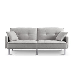 85" Light Gray Polyester Blend Convertible Futon Sleeper Sofa And Toss Pillows With Silver Legs