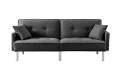 85" Dark Gray Polyester Blend Convertible Futon Sleeper Sofa And Toss Pillows With Silver Legs