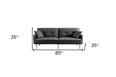 85" Dark Gray Polyester Blend Convertible Futon Sleeper Sofa And Toss Pillows With Silver Legs